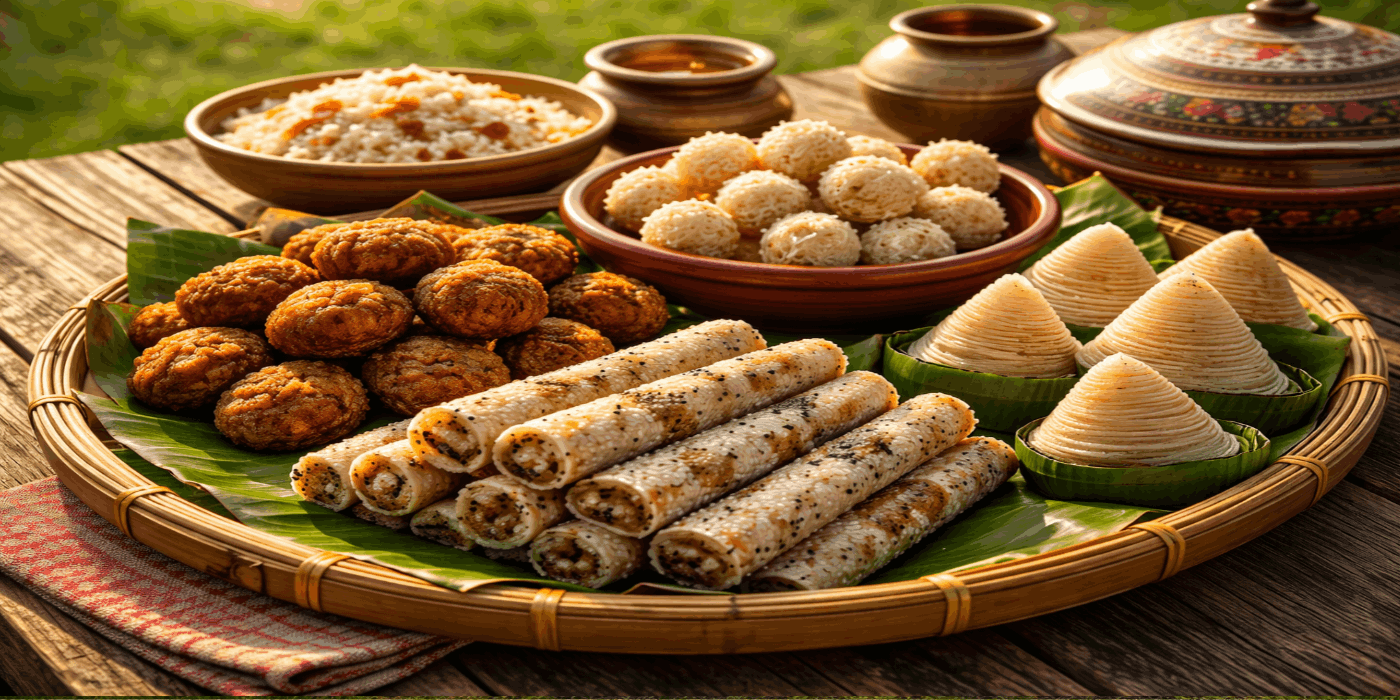 Traditional Bihu food in Assam including pitha and laru during Rongali Bihu festival